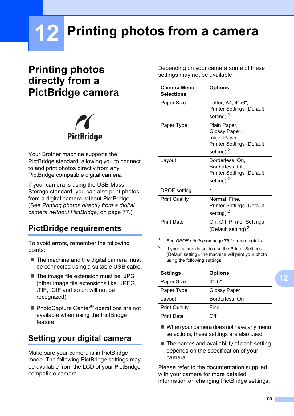 12 printing photos from a camera, Printing photos directly from a pictbridge camera, Pictbridge requirements | Setting your digital camera, Printing photos from a camera | Brother MFC-250C User Manual | Page 89 / 168