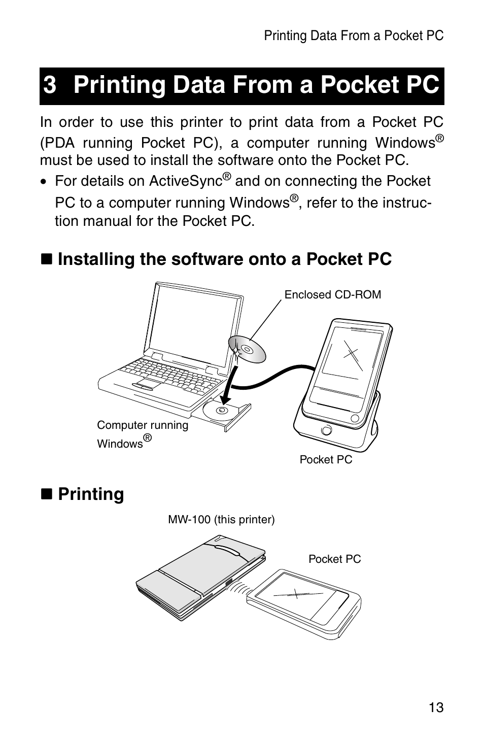 3 printing data from a pocket pc, Printing data from a pocket pc | Brother MW-100 User Manual | Page 15 / 74