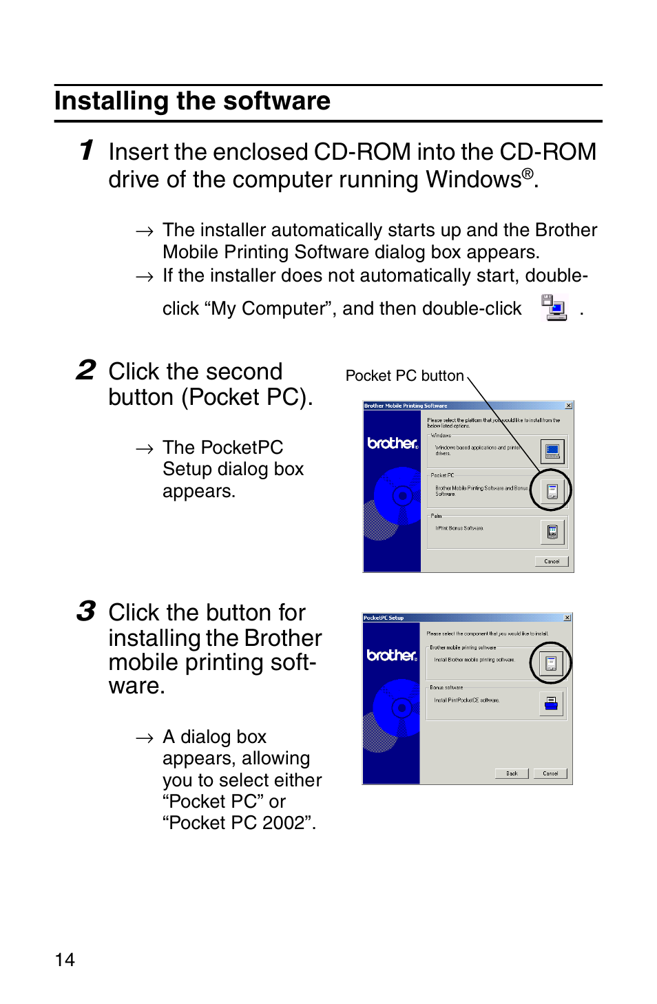 Installing the software | Brother MW-100 User Manual | Page 16 / 74