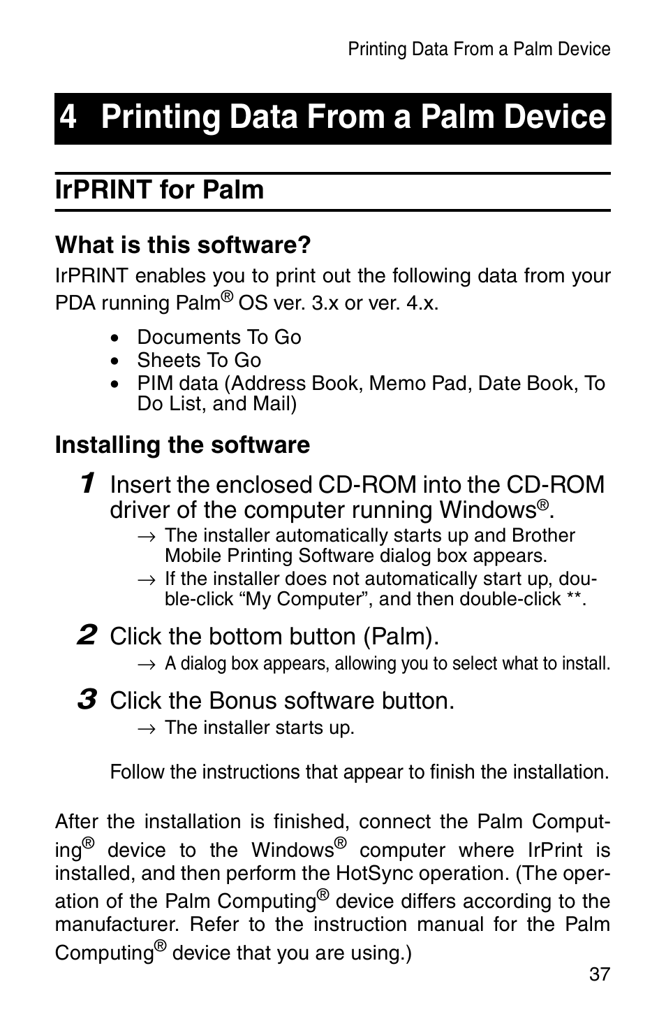 4 printing data from a palm device, Irprint for palm, Printing data from a palm device | Brother MW-100 User Manual | Page 39 / 74