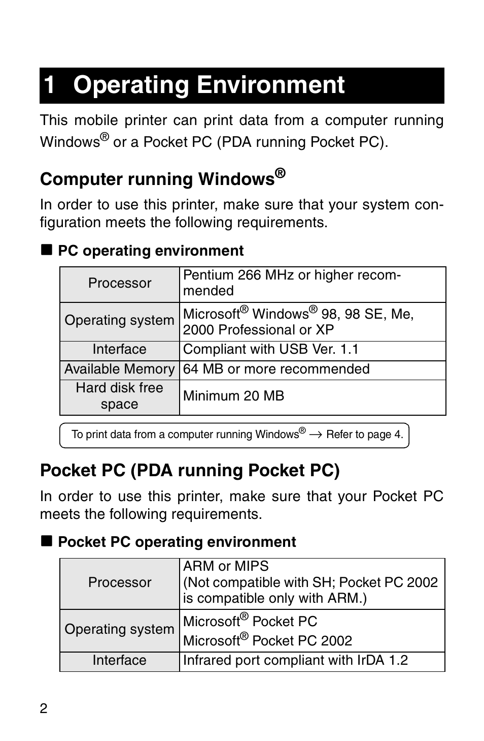1 operating environment, Operating environment, Computer running windows | Pocket pc (pda running pocket pc) | Brother MW-100 User Manual | Page 4 / 74