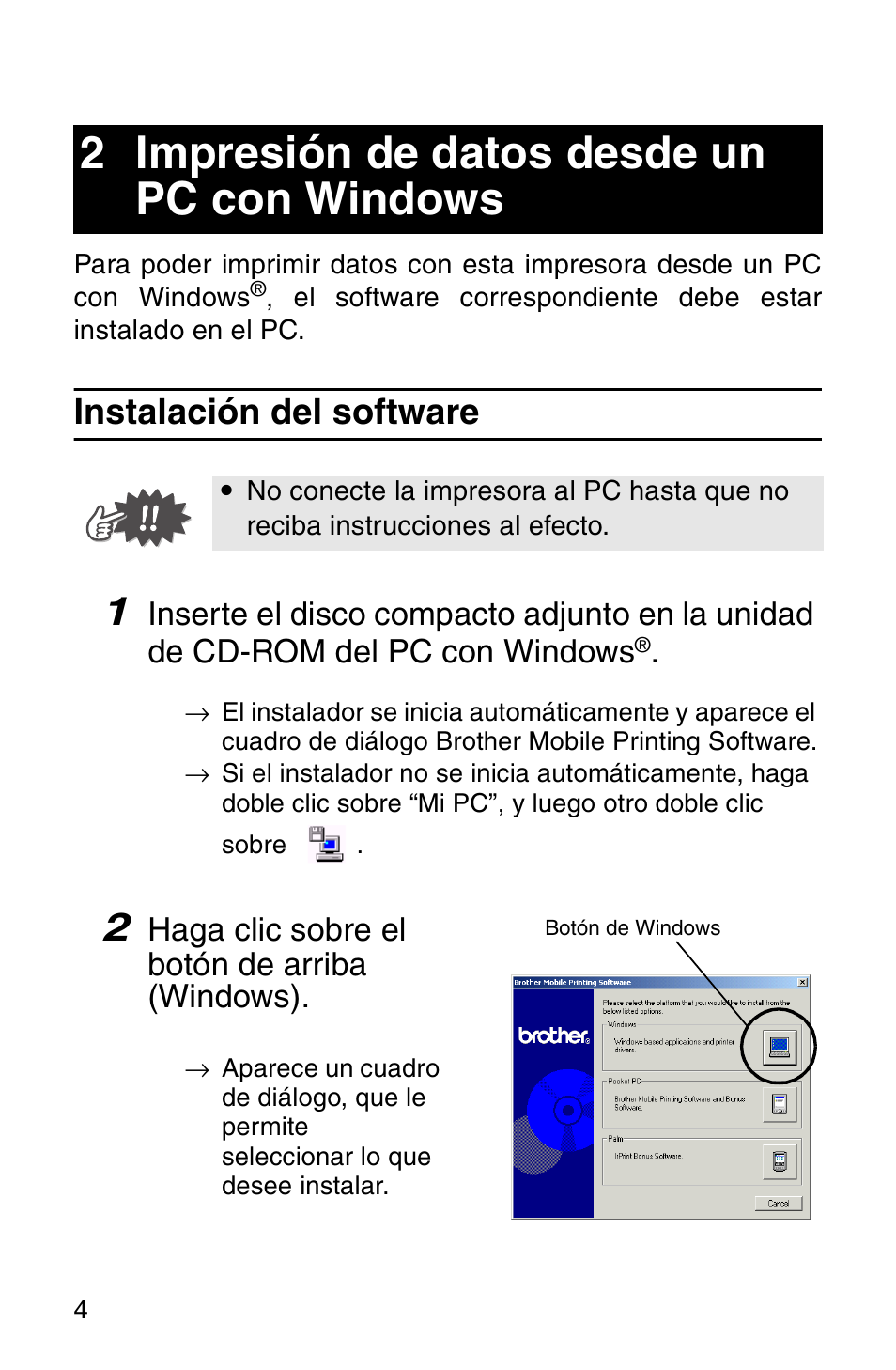 2 impresión de datos desde un pc con windows, Instalación del software, Impresión de datos desde un pc con windows 4 | Brother MW-100 User Manual | Page 45 / 74