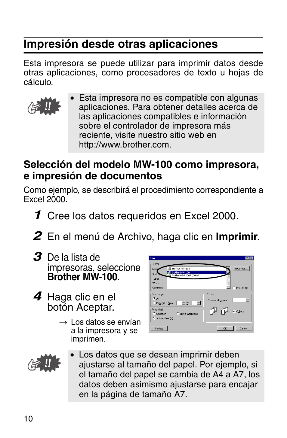 Impresión desde otras aplicaciones | Brother MW-100 User Manual | Page 51 / 74