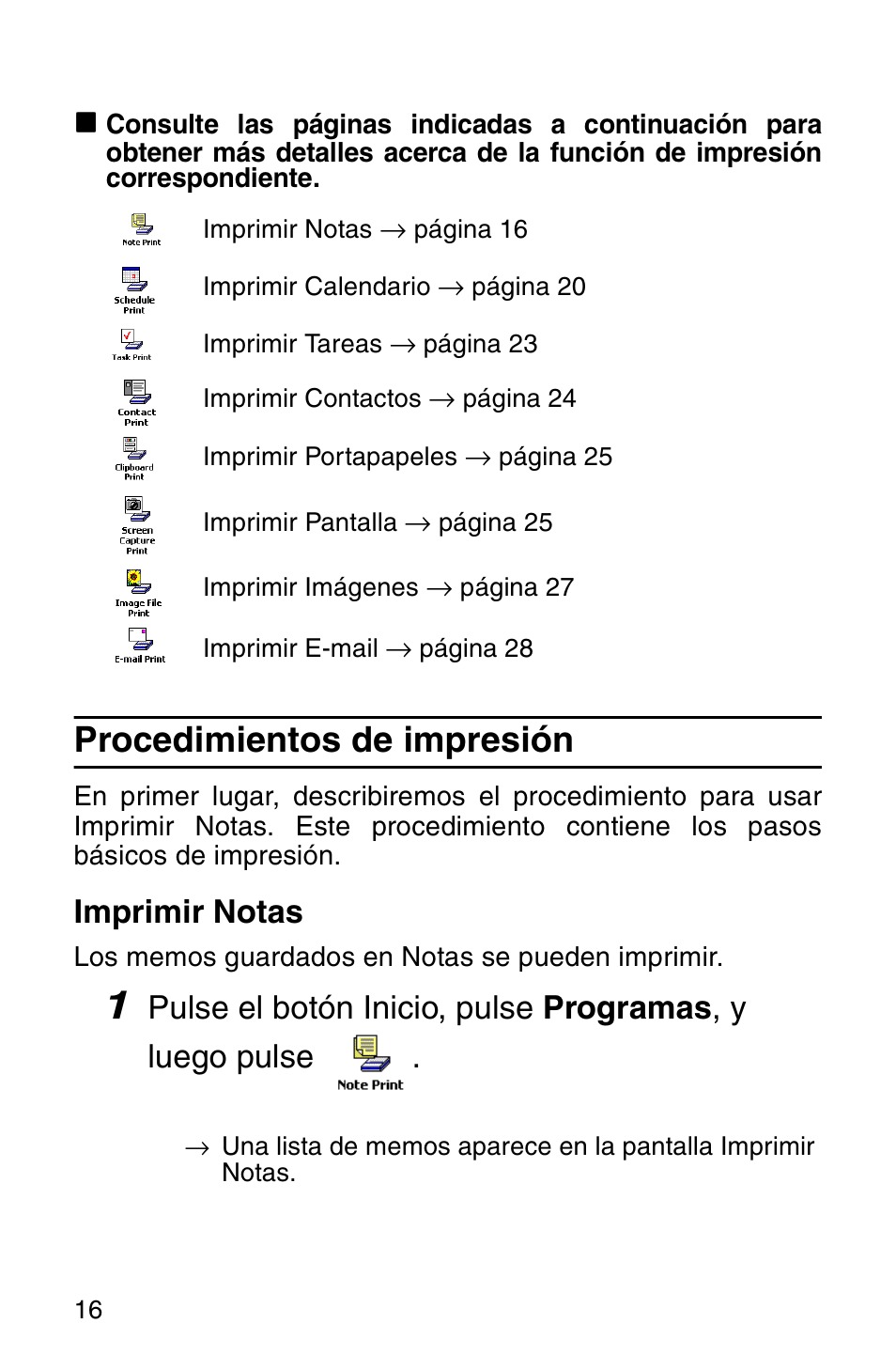 Procedimientos de impresión, Imprimir notas | Brother MW-100 User Manual | Page 57 / 74