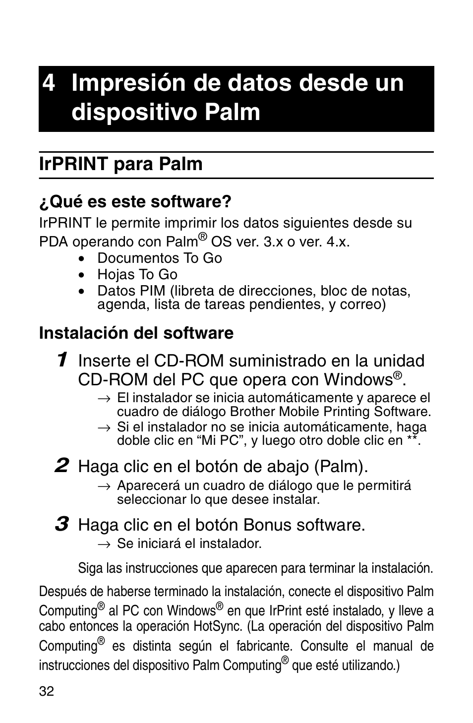 4 impresión de datos desde un dispositivo palm, Irprint para palm, Impresión de datos desde un dispositivo palm 32 | Brother MW-100 User Manual | Page 73 / 74