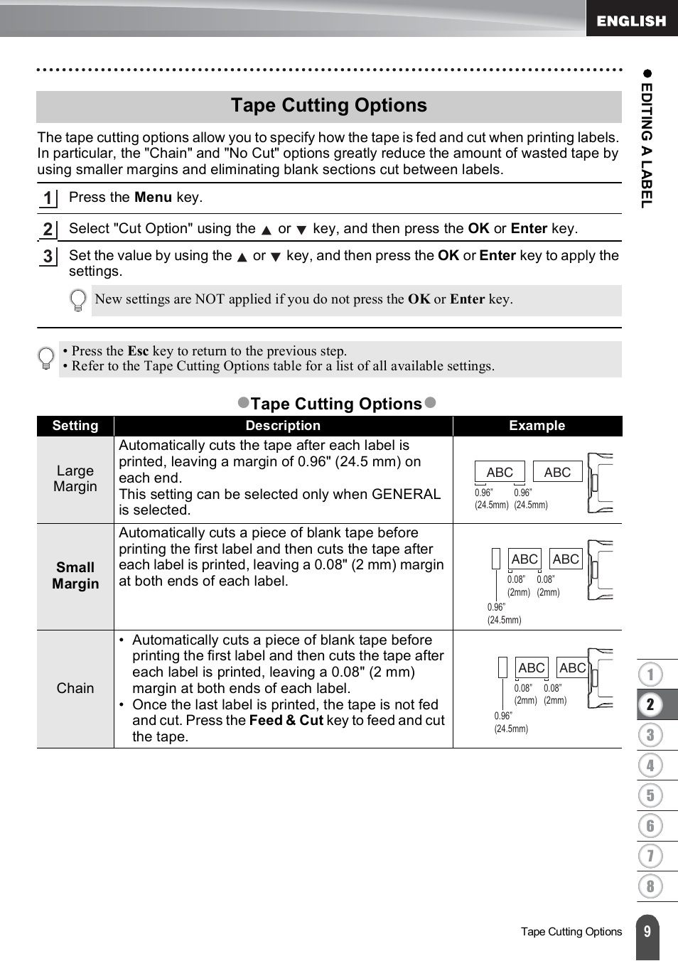 Tape cutting options | Brother PT-E500 User Manual | Page 10 / 63