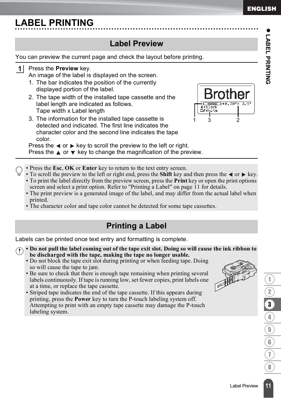 Label printing, Label preview, Printing a label | Label preview printing a label | Brother PT-E500 User Manual | Page 12 / 63