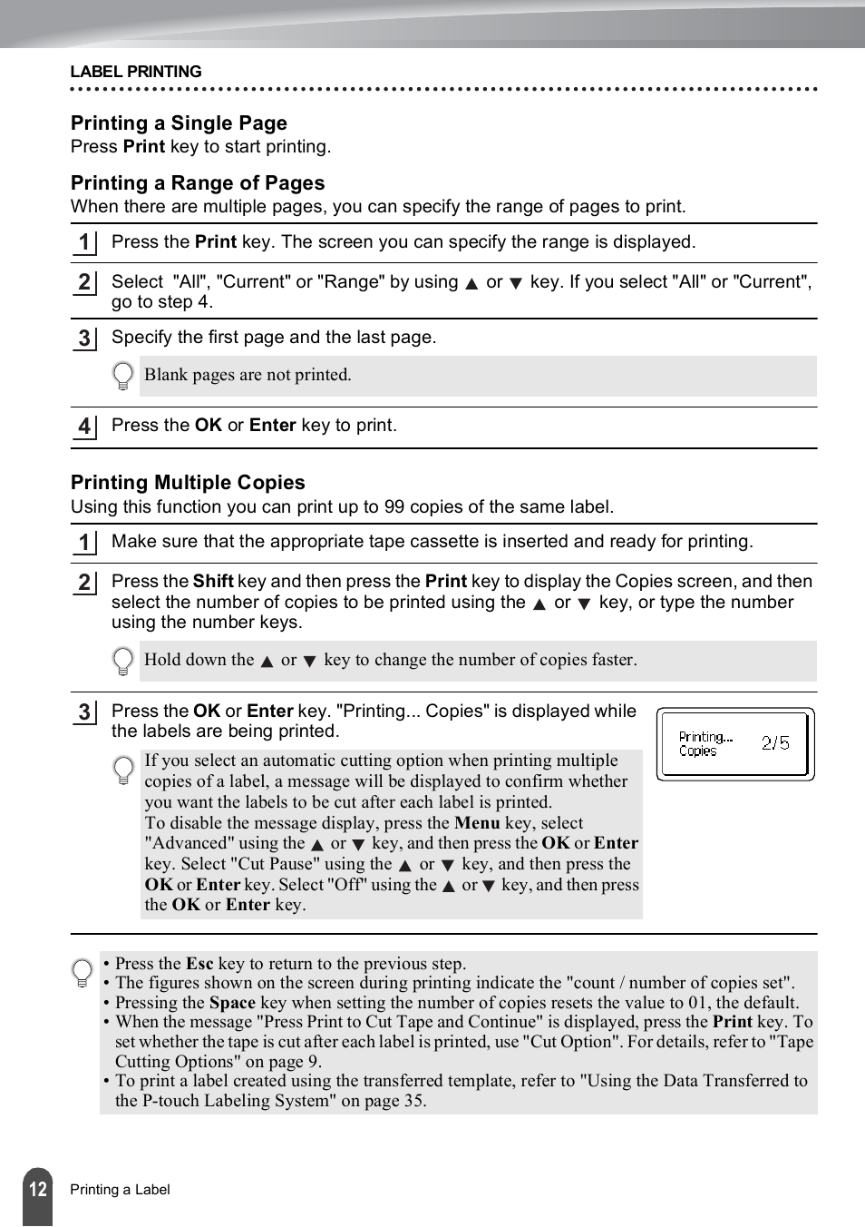 Printing multiple copies | Brother PT-E500 User Manual | Page 13 / 63