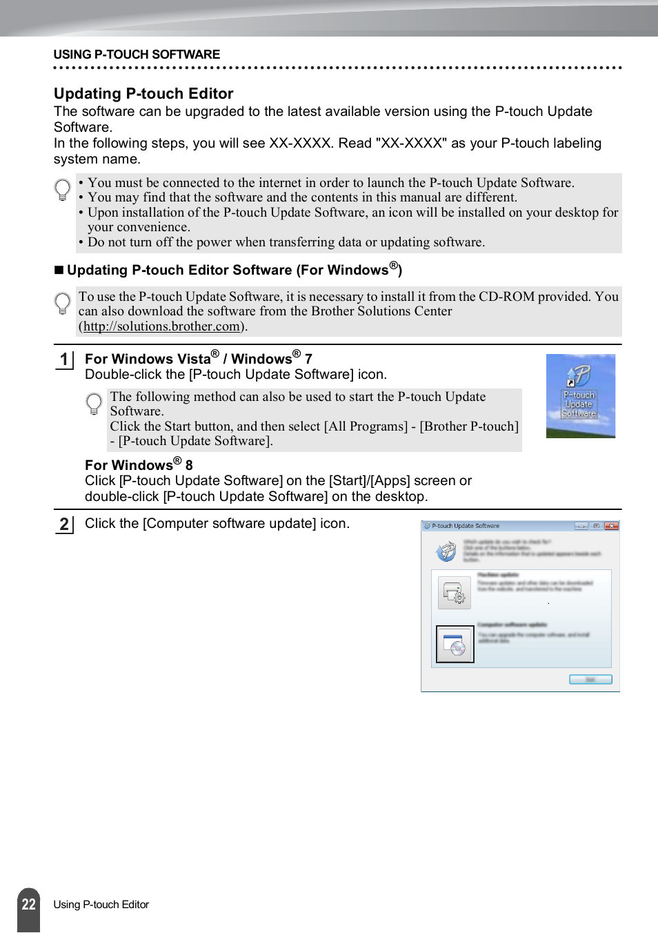 Updating p-touch editor | Brother PT-E500 User Manual | Page 23 / 63