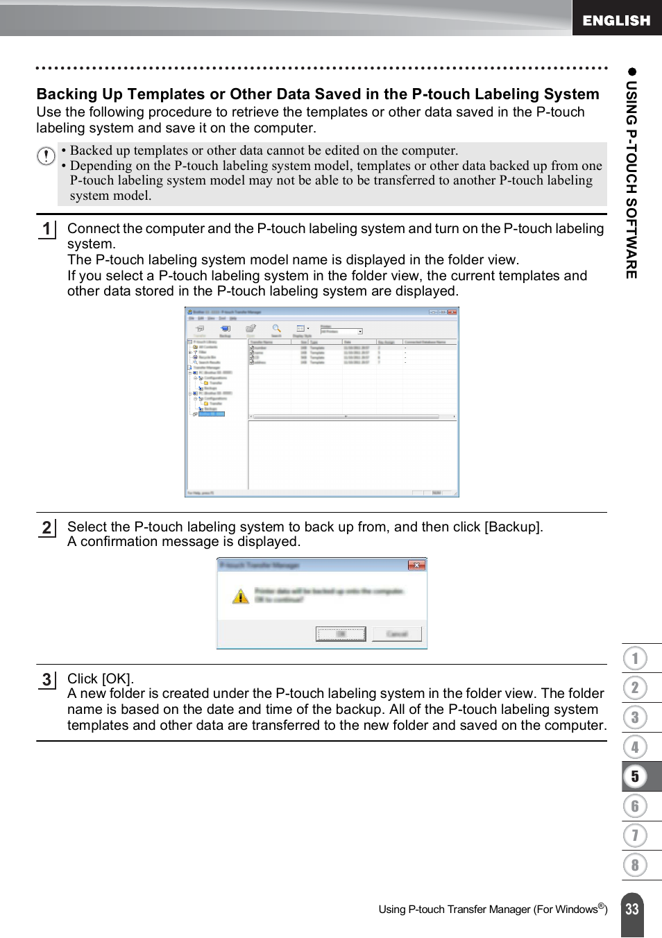 Backing up, Backing up templates or other data saved in | Brother PT-E500 User Manual | Page 34 / 63