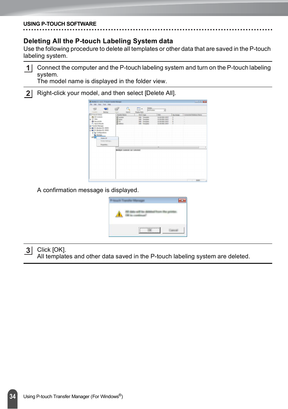 Deleting all the p-touch labeling system data | Brother PT-E500 User Manual | Page 35 / 63