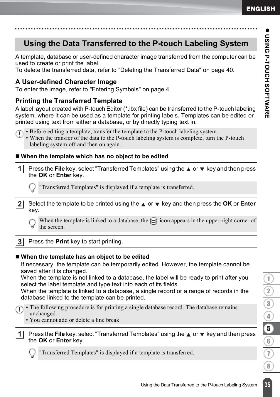 A user-defined character image, Printing the transferred template, Using the data transferred to | Using the data transferred to the, P. 35 | Brother PT-E500 User Manual | Page 36 / 63