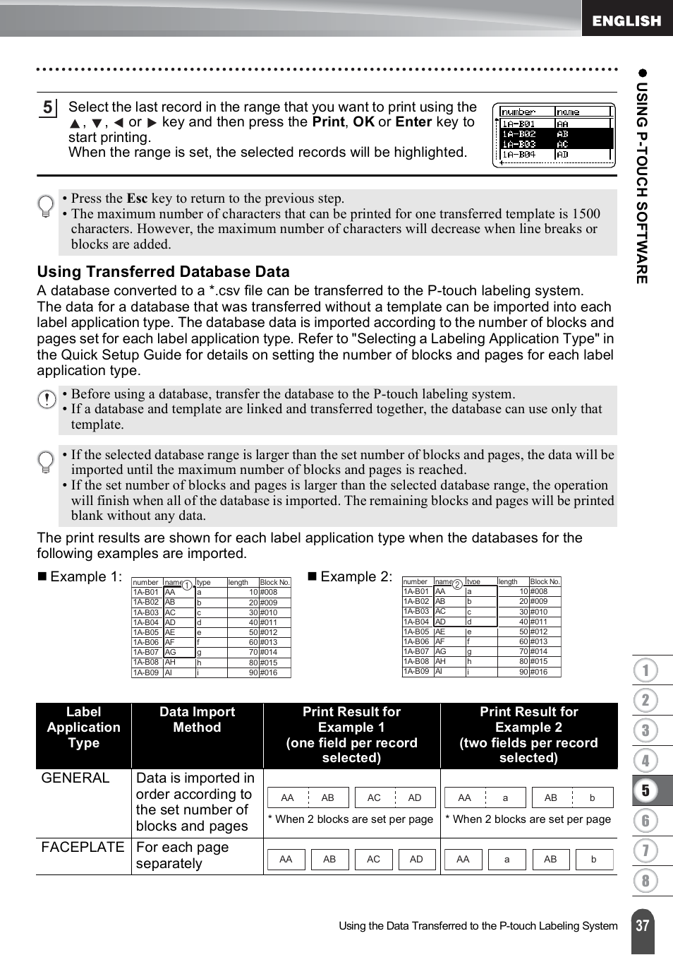 Using transferred database data, Faceplate for each page separately | Brother PT-E500 User Manual | Page 38 / 63