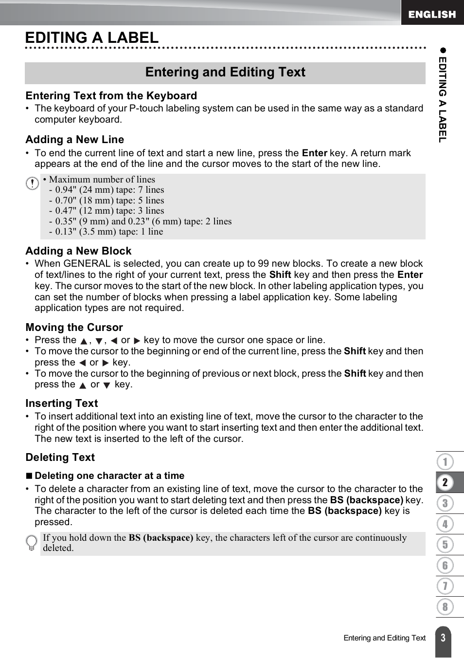 Editing a label, Entering and editing text, Entering text from the keyboard | Adding a new line, Adding a new block, Moving the cursor, Inserting text, Deleting text, Moving the cursor inserting text deleting text | Brother PT-E500 User Manual | Page 4 / 63