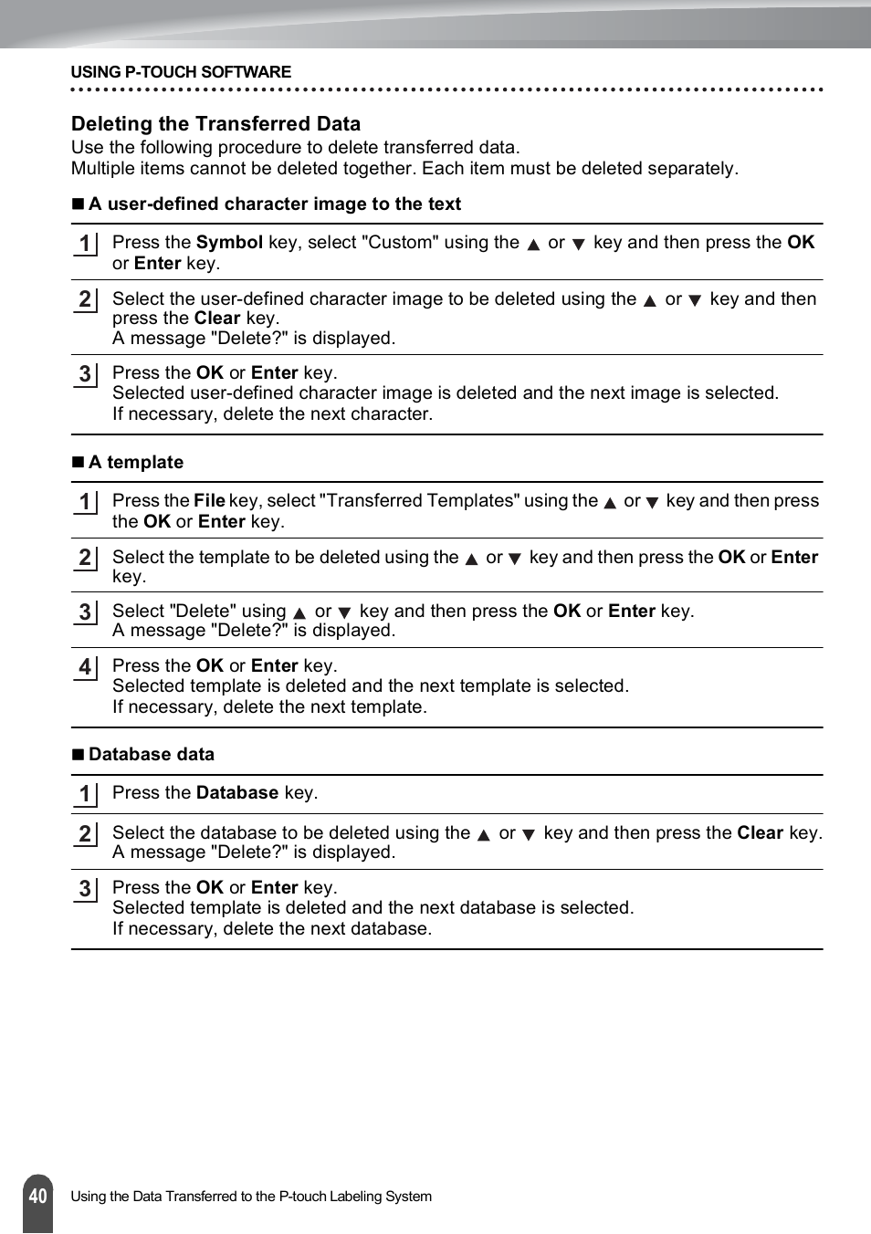 Deleting the transferred data, Deleting the transferred data" on | Brother PT-E500 User Manual | Page 41 / 63