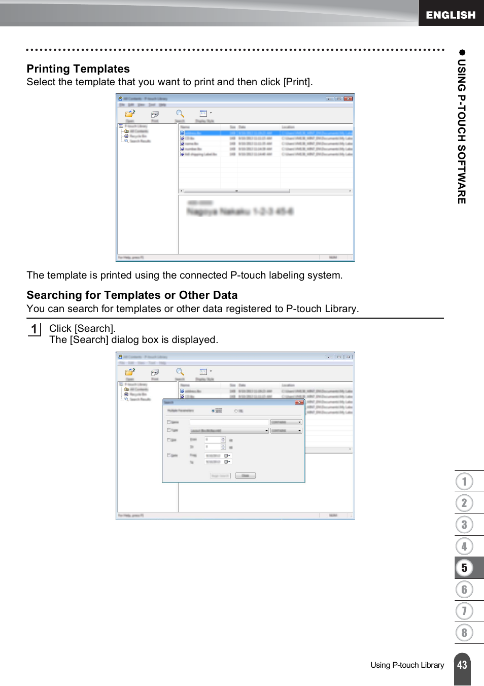 Printing templates, Searching for templates or other data | Brother PT-E500 User Manual | Page 44 / 63