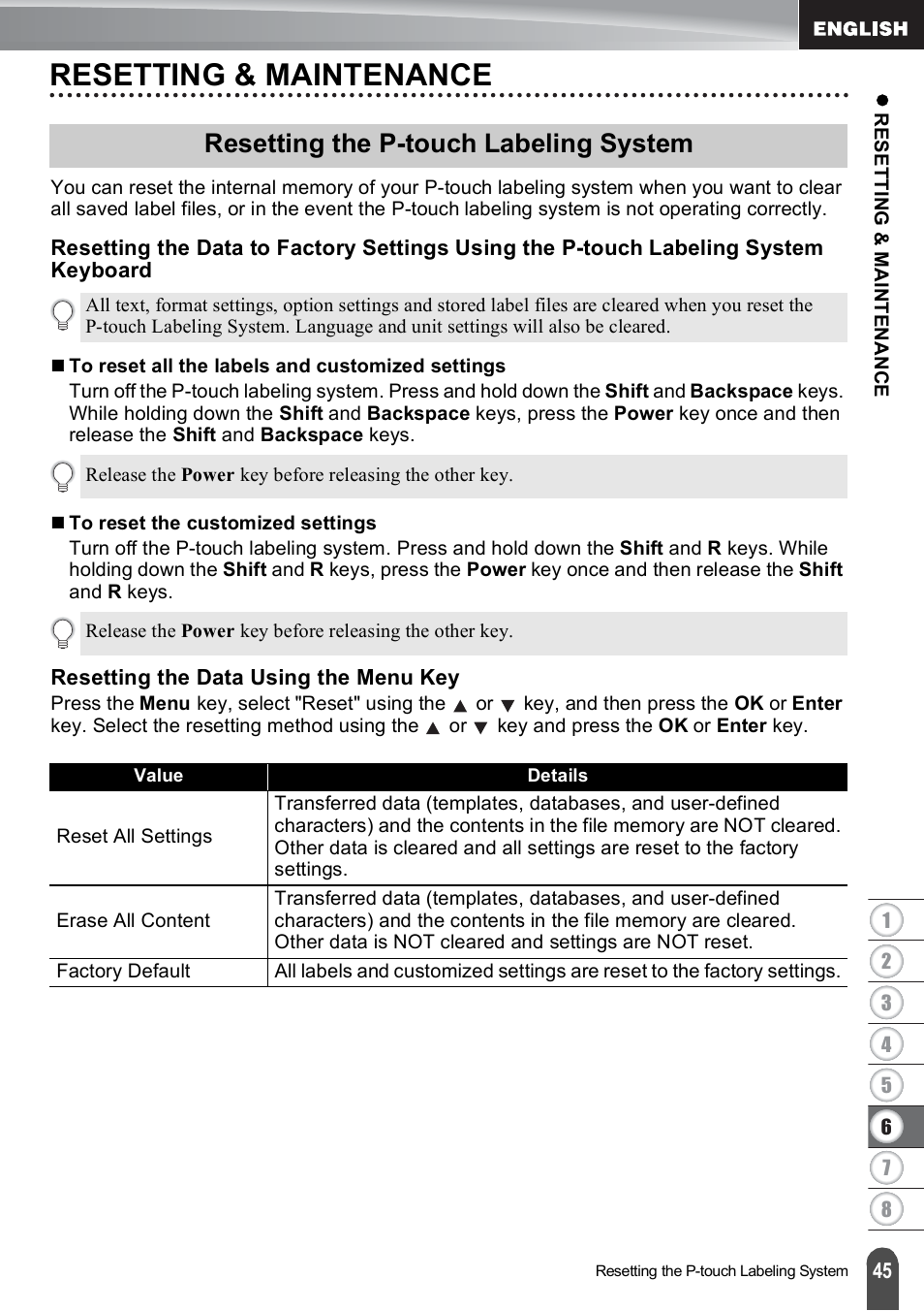 Resetting & maintenance, Resetting the p-touch labeling system, Resetting the data using the menu key | Keyboard resetting the data using the menu key | Brother PT-E500 User Manual | Page 46 / 63