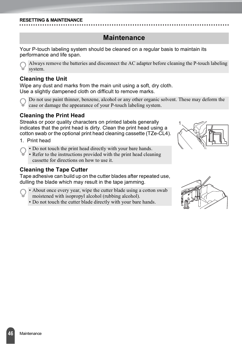 Maintenance, Cleaning the unit, Cleaning the print head | Cleaning the tape cutter | Brother PT-E500 User Manual | Page 47 / 63