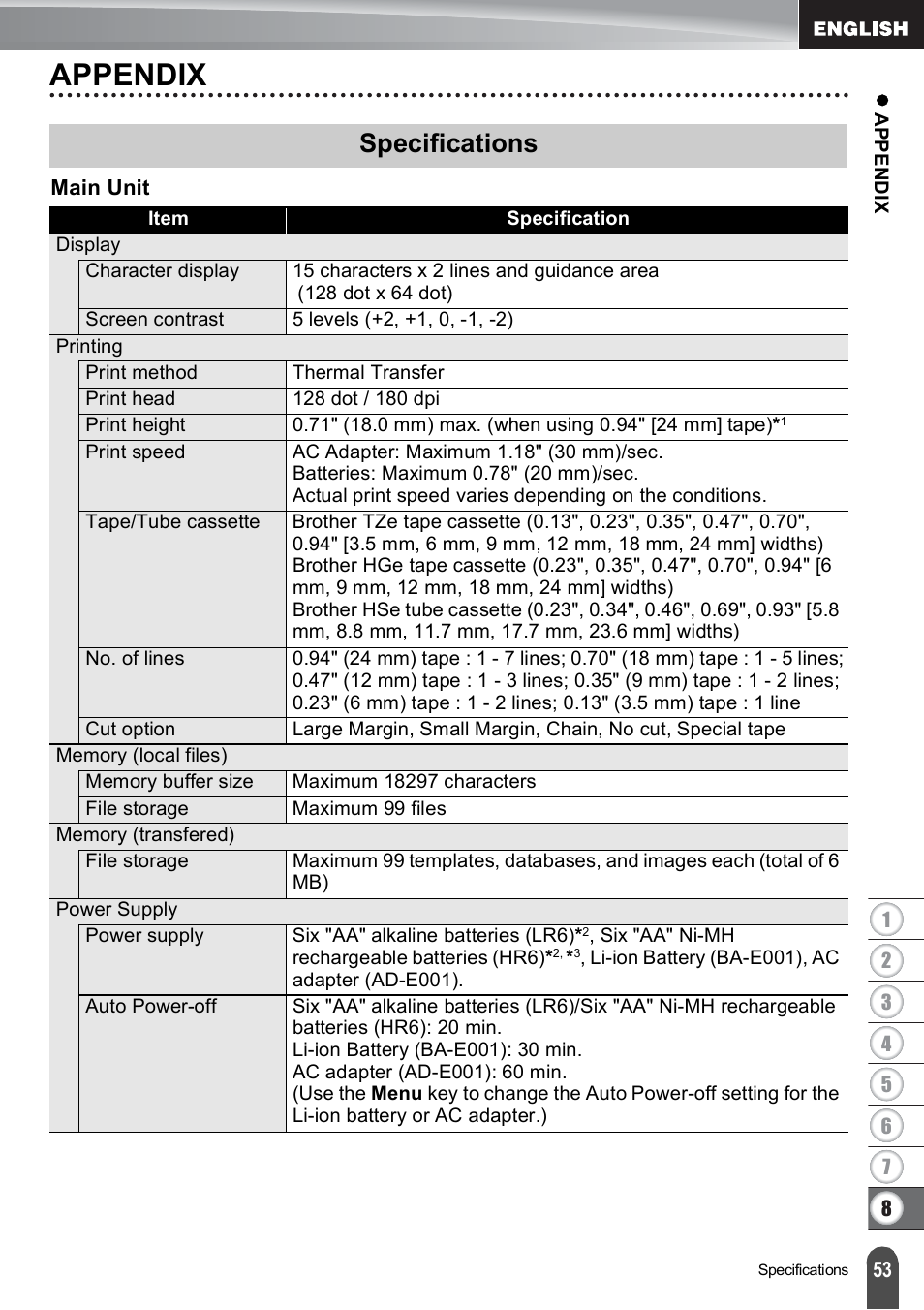 Appendix, Specifications | Brother PT-E500 User Manual | Page 54 / 63