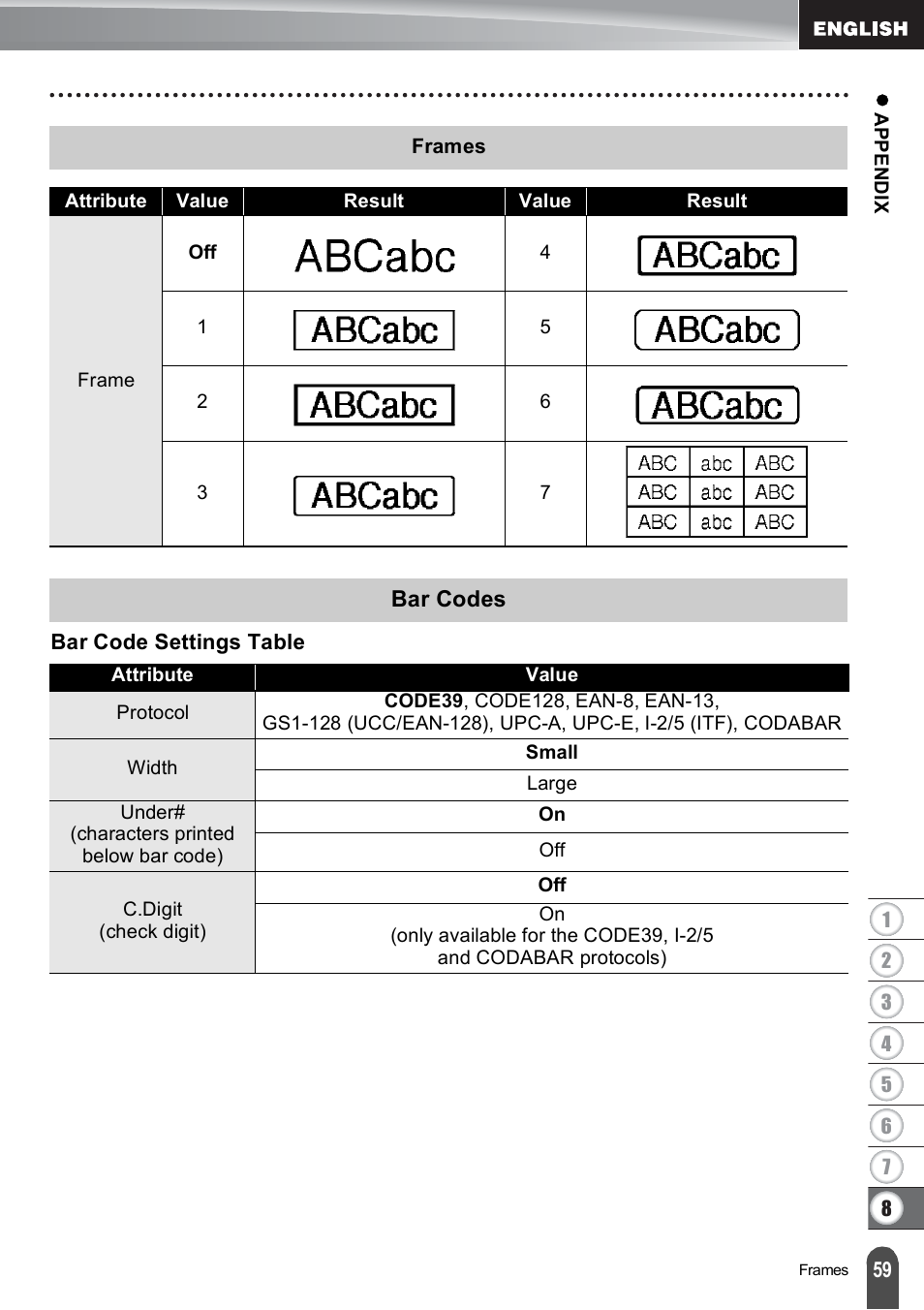 Frames, Bar codes, Bar code settings table | Frames bar codes | Brother PT-E500 User Manual | Page 60 / 63