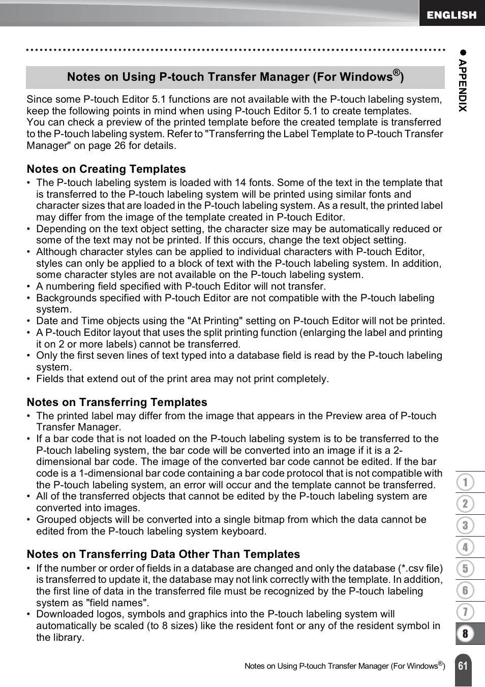 Notes on creating templates, Notes on transferring templates, Notes on transferring data other than templates | P. 61 | Brother PT-E500 User Manual | Page 62 / 63