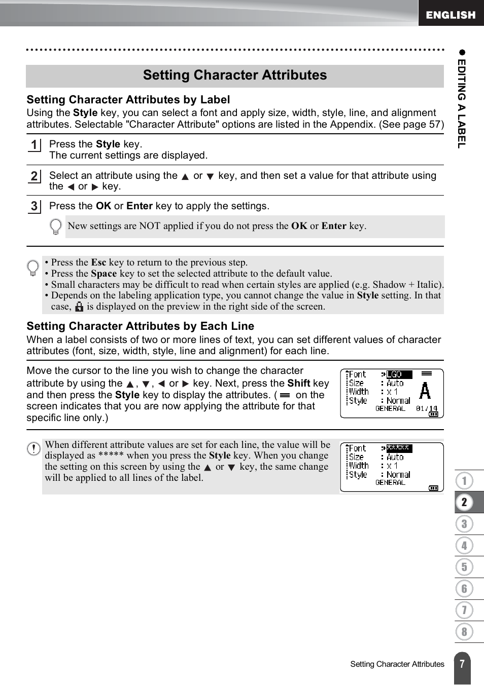 Setting character attributes, Setting character attributes by label, Setting character attributes by each line | Brother PT-E500 User Manual | Page 8 / 63