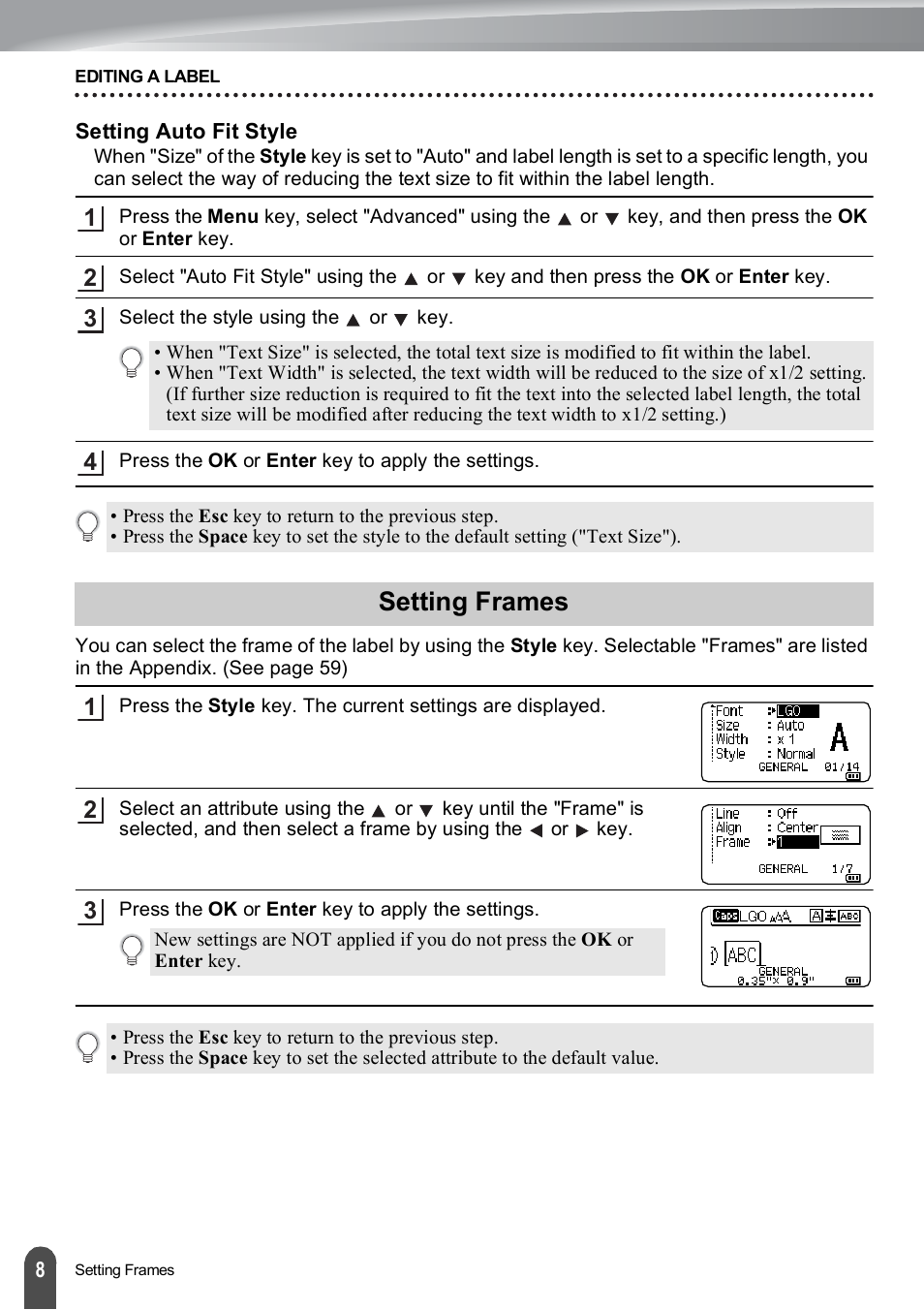 Setting auto fit style, Setting frames | Brother PT-E500 User Manual | Page 9 / 63