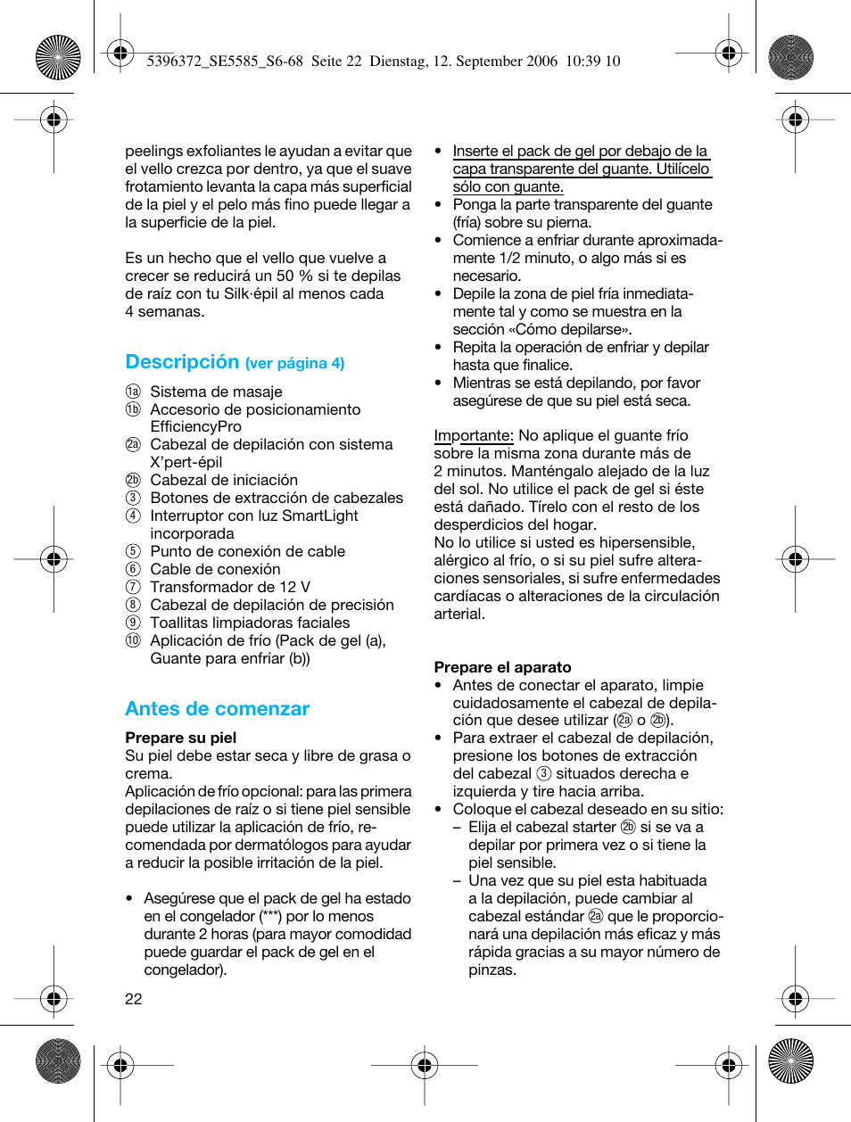 Descripción, Antes de comenzar | Braun 5585 Silk-épil Xelle User Manual | Page 21 / 64