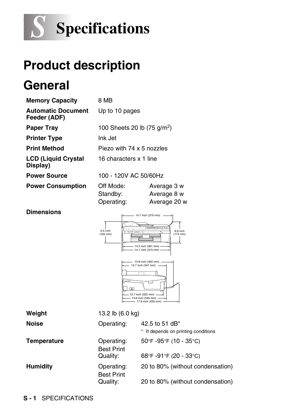 Specifications, Product description, General | Product description general | Brother DCP-120C User Manual | Page 103 / 113