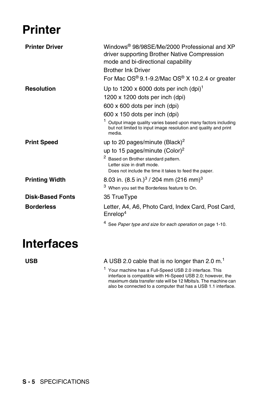 Printer, Interfaces, Printer interfaces | Brother DCP-120C User Manual | Page 107 / 113