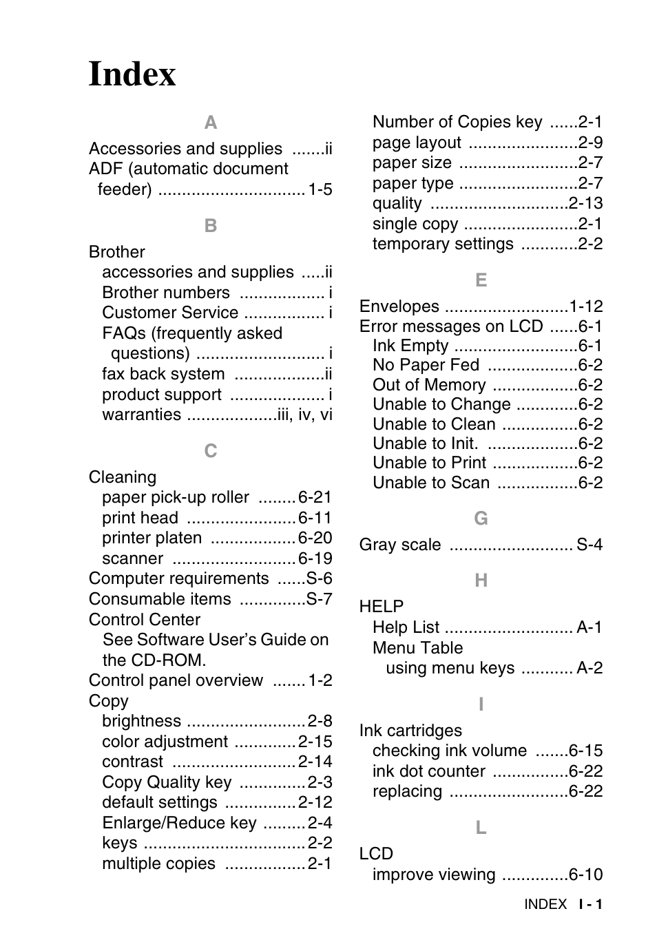 Index | Brother DCP-120C User Manual | Page 110 / 113