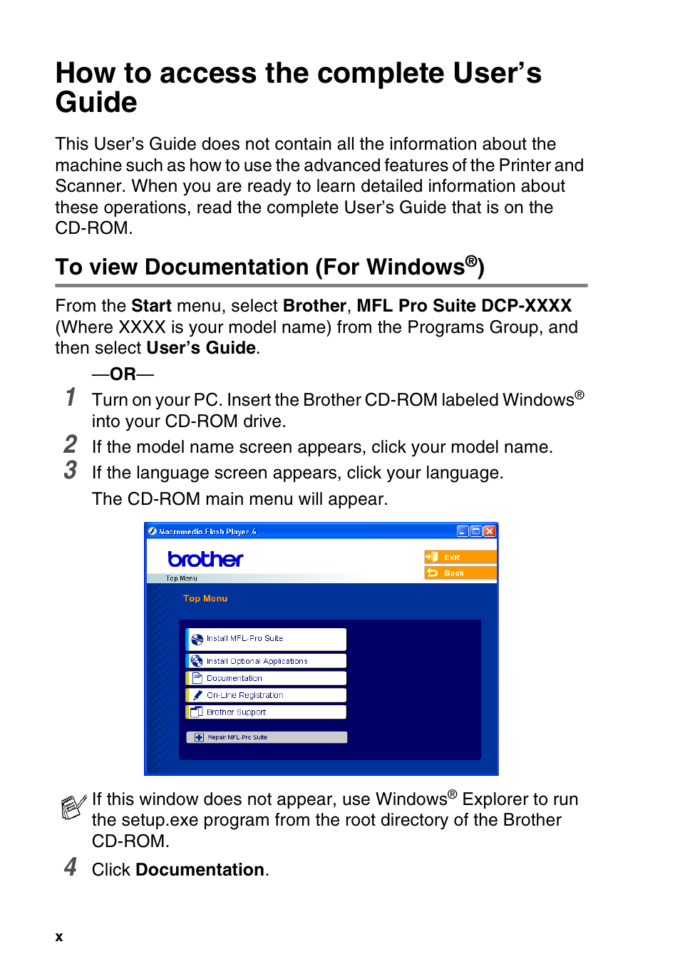 How to access the complete user’s guide, To view documentation (for windows®) | Brother DCP-120C User Manual | Page 12 / 113