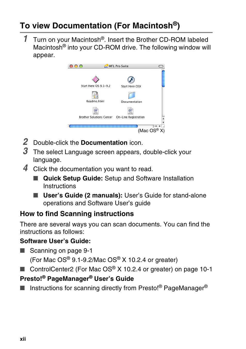 To view documentation (for macintosh®), How to find scanning instructions | Brother DCP-120C User Manual | Page 14 / 113