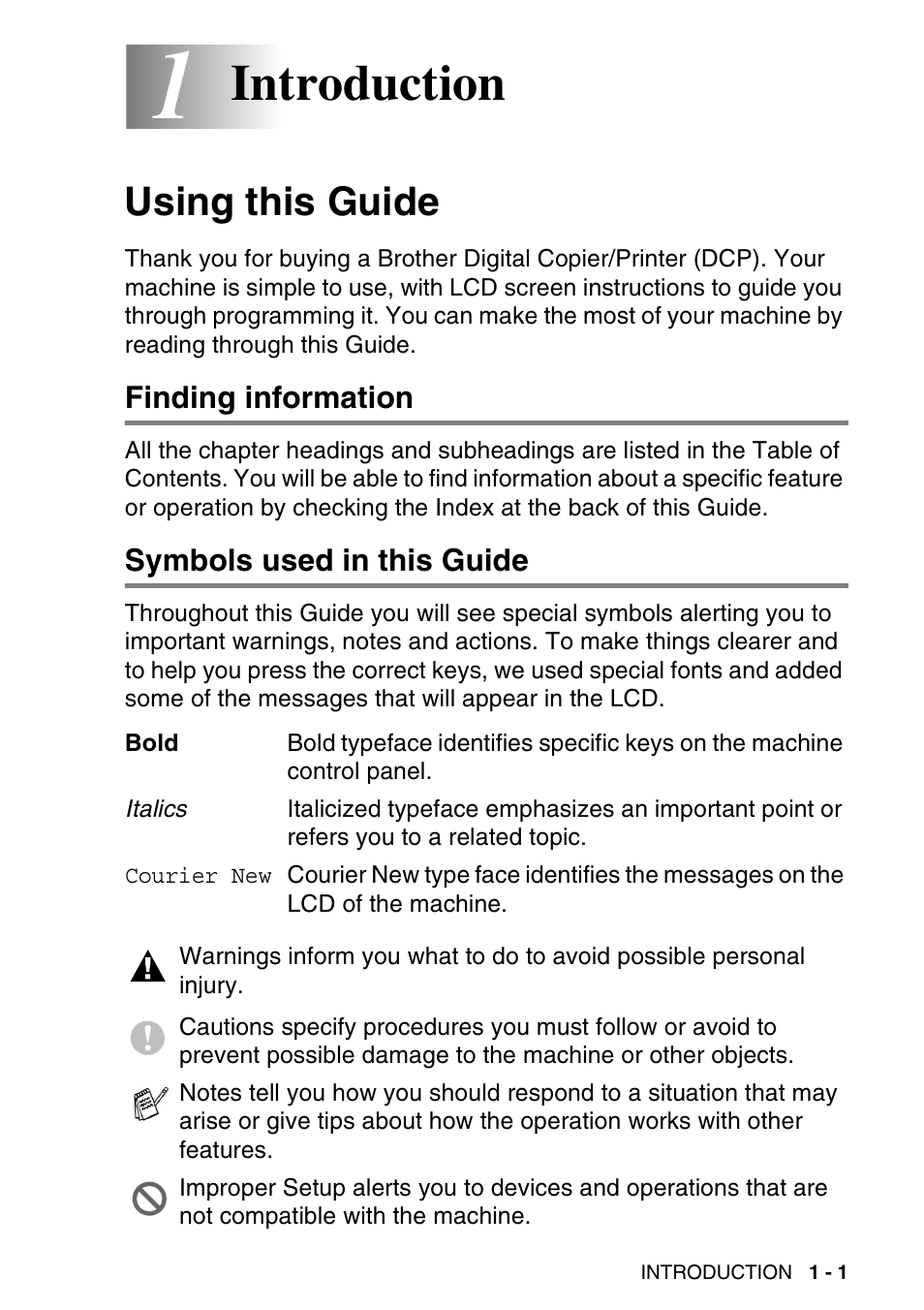 1 introduction, Using this guide, Finding information | Symbols used in this guide, Introduction -1, Using this guide -1, Introduction | Brother DCP-120C User Manual | Page 19 / 113