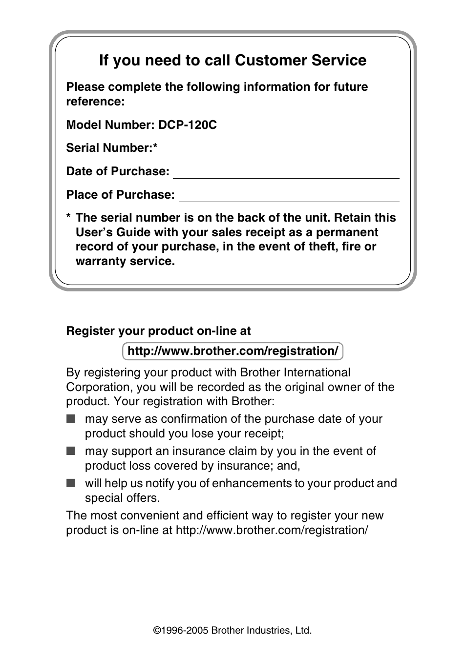 If you need to call customer service | Brother DCP-120C User Manual | Page 2 / 113