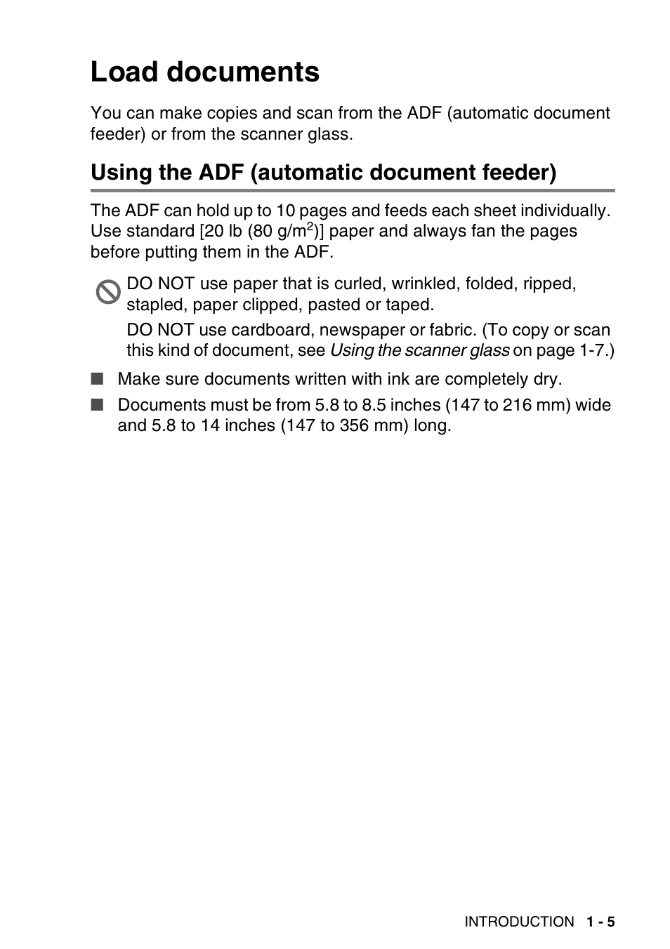 Load documents, Using the adf (automatic document feeder), Load documents -5 | Using the adf (automatic document feeder) -5 | Brother DCP-120C User Manual | Page 23 / 113