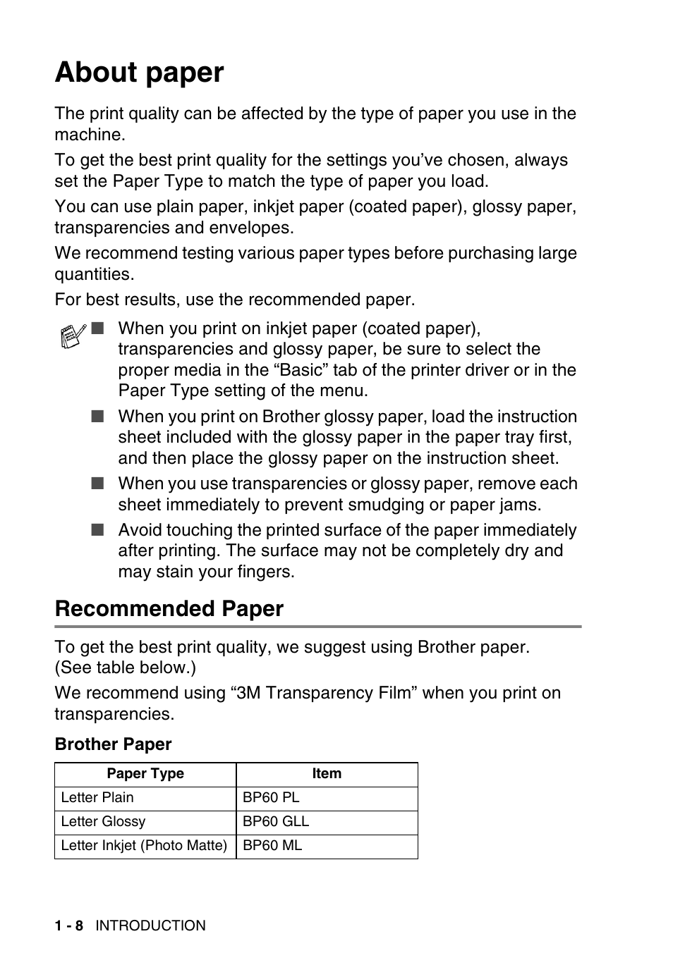 About paper, Recommended paper, About paper -8 | Recommended paper -8 | Brother DCP-120C User Manual | Page 26 / 113