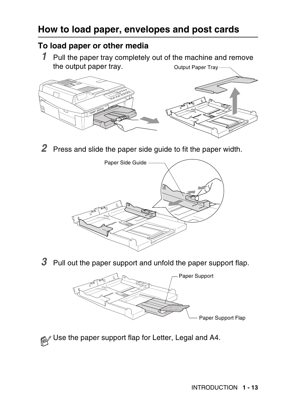 How to load paper, envelopes and post cards, To load paper or other media, How to load paper, envelopes and post cards -13 | To load paper or other media -13 | Brother DCP-120C User Manual | Page 31 / 113