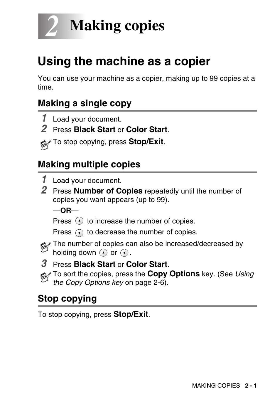 2 making copies, Using the machine as a copier, Making a single copy | Making multiple copies, Stop copying, Making copies -1, Using the machine as a copier -1, Making copies | Brother DCP-120C User Manual | Page 35 / 113