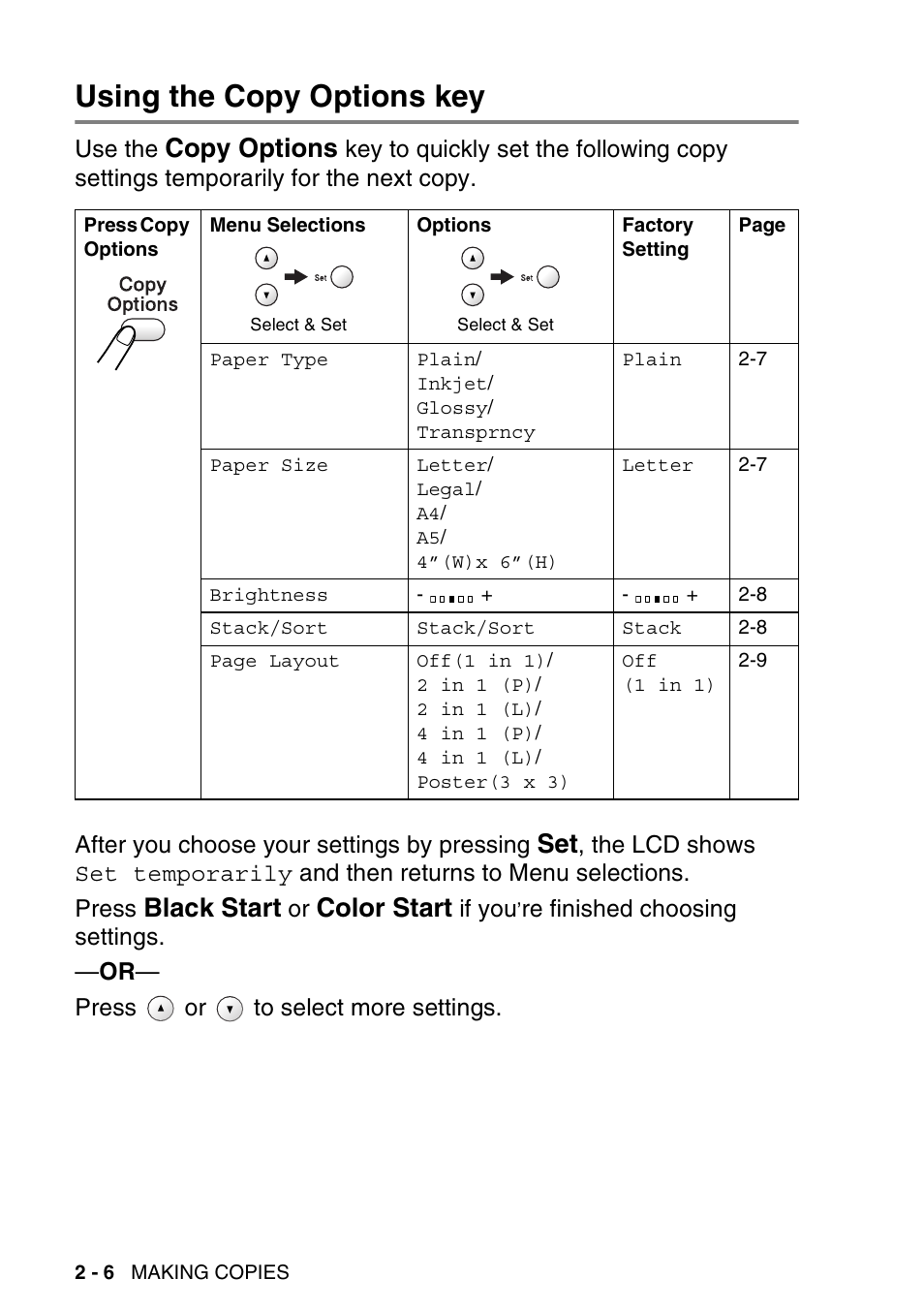 Using the copy options key, Using the copy options key -6, Copy options | Black start, Color start | Brother DCP-120C User Manual | Page 40 / 113