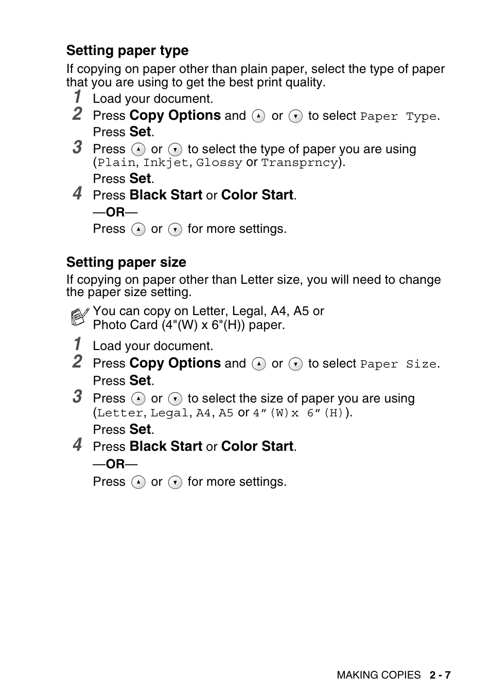 Setting paper type, Setting paper size, Setting paper type -7 setting paper size -7 | Brother DCP-120C User Manual | Page 41 / 113