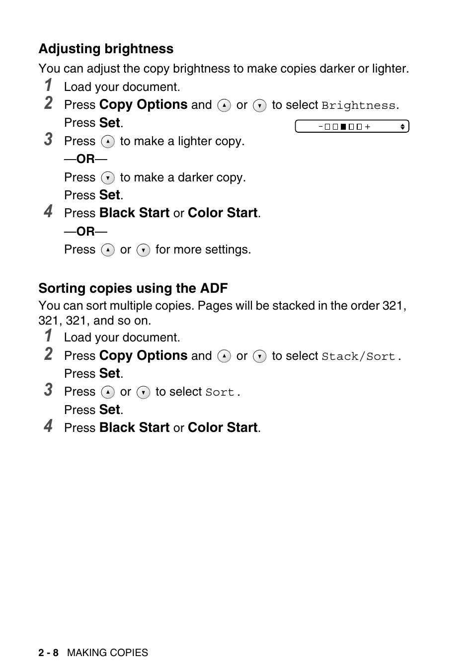 Adjusting brightness, Sorting copies using the adf | Brother DCP-120C User Manual | Page 42 / 113