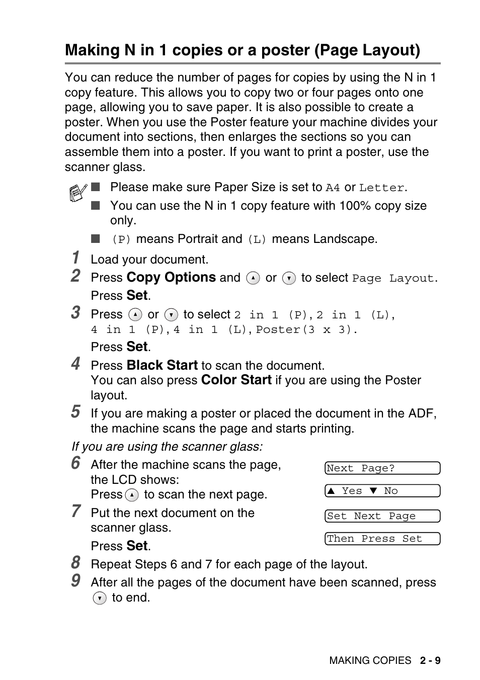 Making n in 1 copies or a poster (page layout) | Brother DCP-120C User Manual | Page 43 / 113