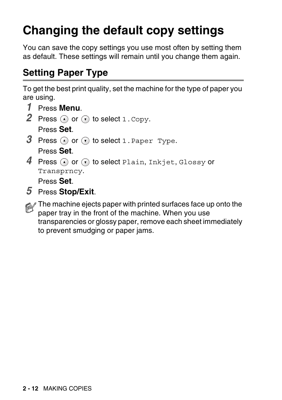 Changing the default copy settings, Setting paper type, Changing the default copy settings -12 | Setting paper type -12 | Brother DCP-120C User Manual | Page 46 / 113