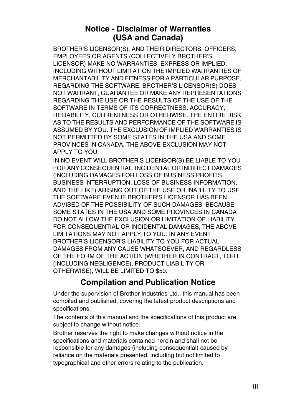 Notice - disclaimer of warranties (usa and canada), Compilation and publication notice | Brother DCP-120C User Manual | Page 5 / 113