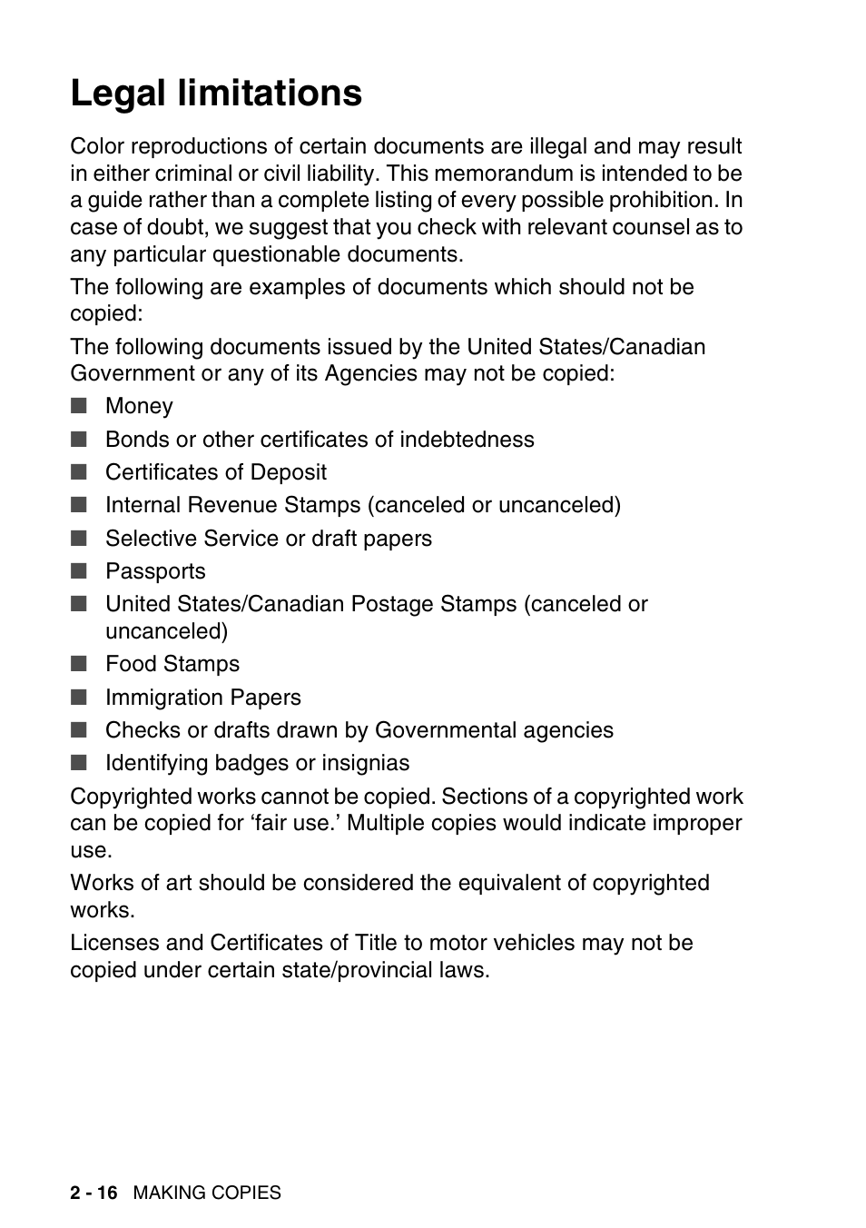 Legal limitations, Legal limitations -16 | Brother DCP-120C User Manual | Page 50 / 113