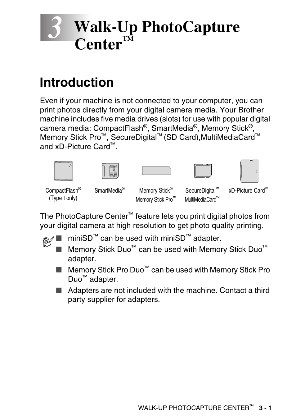 3 walk-up photocapture center, Introduction, Walk-up photocapture center | Introduction -1 | Brother DCP-120C User Manual | Page 51 / 113