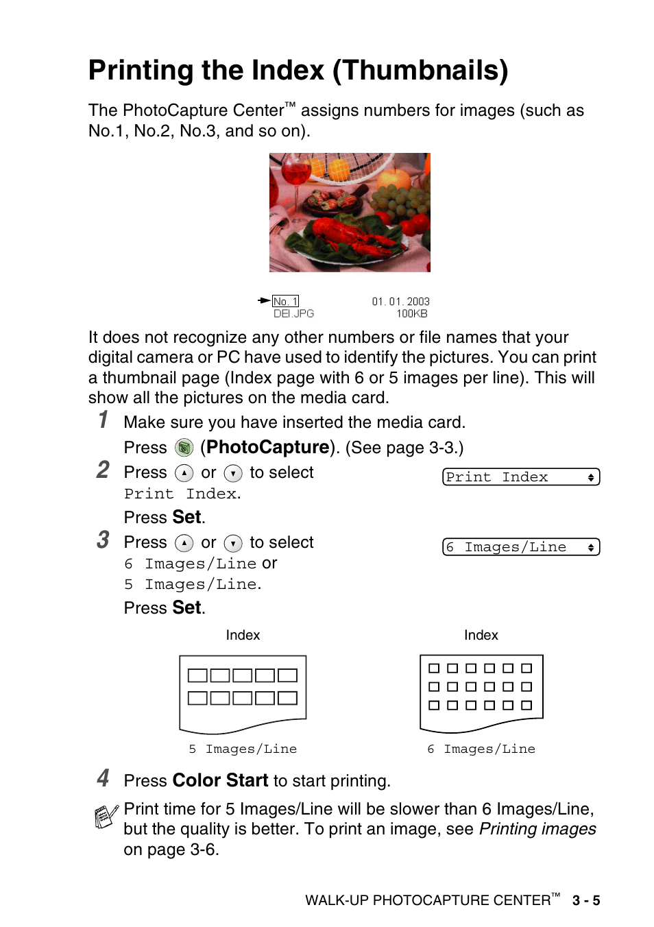 Printing the index (thumbnails), Printing the index (thumbnails) -5 | Brother DCP-120C User Manual | Page 55 / 113
