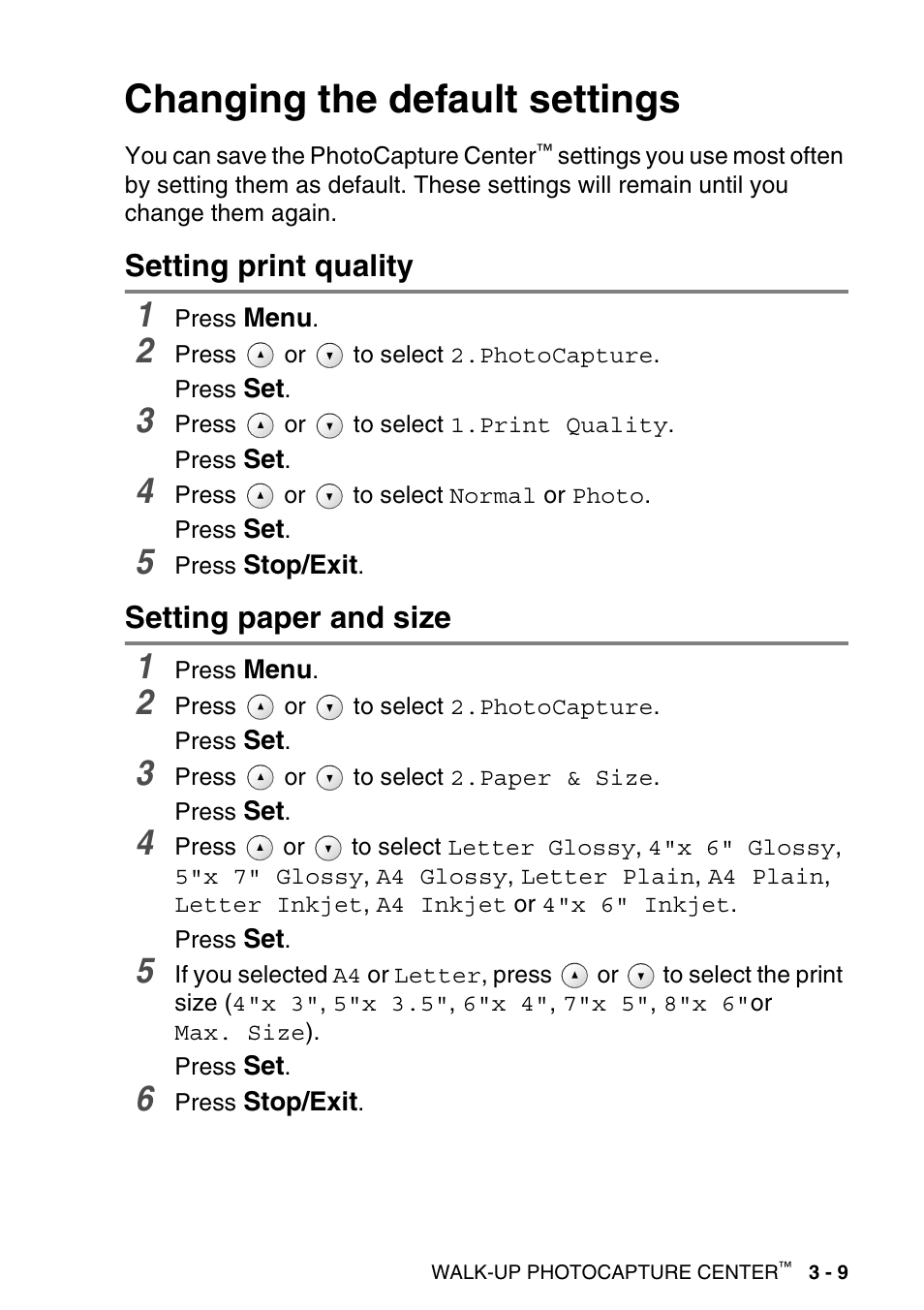 Changing the default settings, Setting print quality, Setting paper and size | Changing the default settings -9, Setting print quality -9 setting paper and size -9 | Brother DCP-120C User Manual | Page 59 / 113