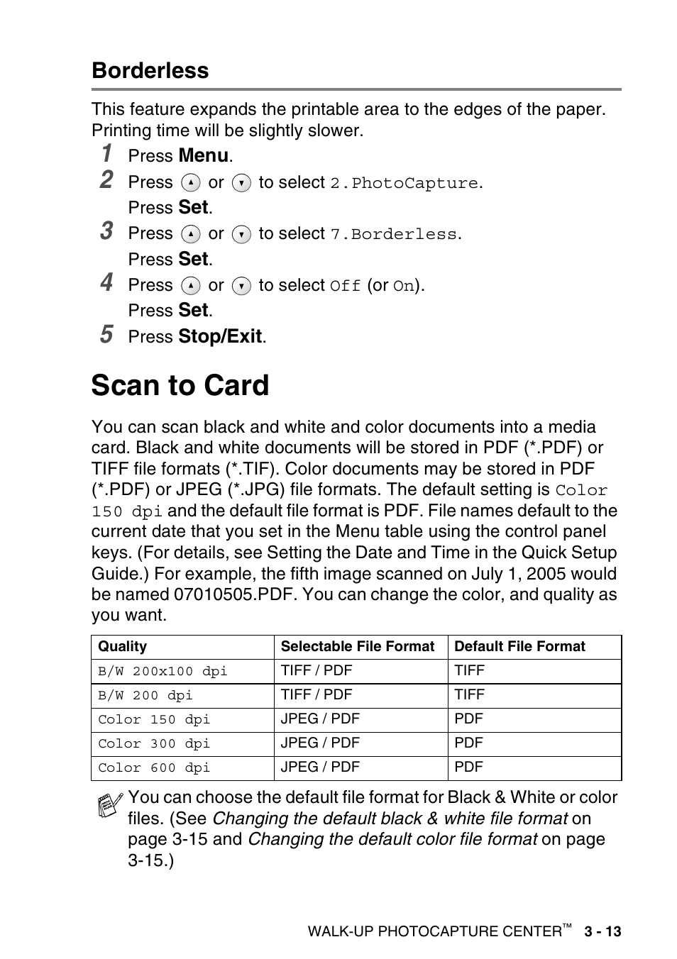 Borderless, Scan to card, Borderless -13 | Scan to card -13 | Brother DCP-120C User Manual | Page 63 / 113